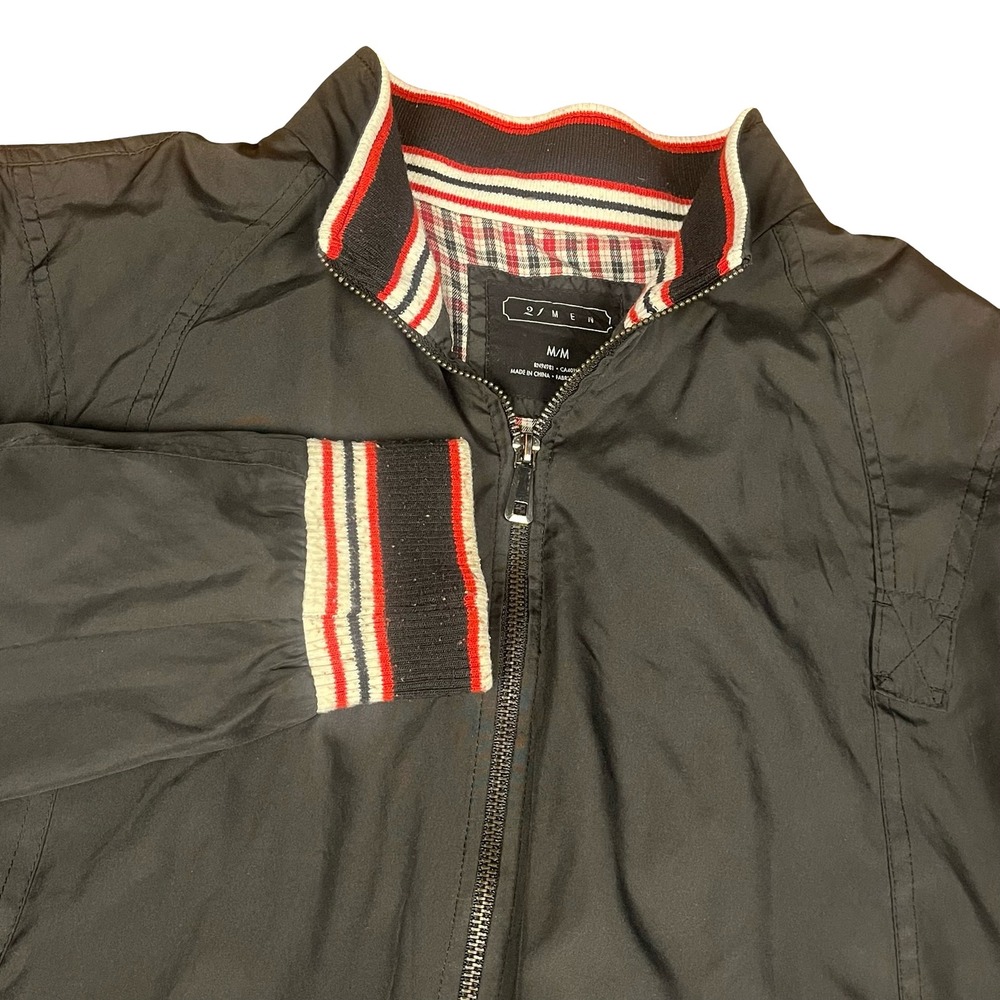 21 Men Forever 21 Bomber Jacket Mens Medium Black Striped Rib Trim Plaid Lining